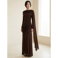2MUAY SELECT Model GY337 DRAPED NECK LONG SLEEVE EVENING DRESS Brown SIZE M-XL