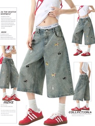 MZVZ | Fun Puppy Embroidery Wide Leg 7th Jeans