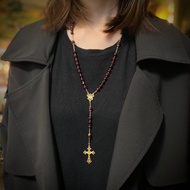 法國Belle Époque 時期天主教百年純銀鍍金酒紅水晶玻璃玫瑰念珠