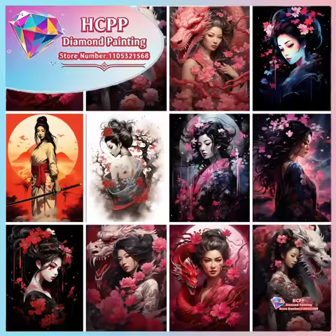 Japanese Dragon Geisha Diamond Painting Kit Square Round Diamond 5D DIY Geisha Mosaic Handmade Art U