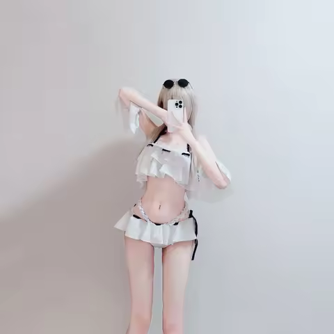 White Ruffle Two Piece Bikini Set Women Off Shoulder Flare Sleeve Crop Top with Frill Trim Skirt Bot