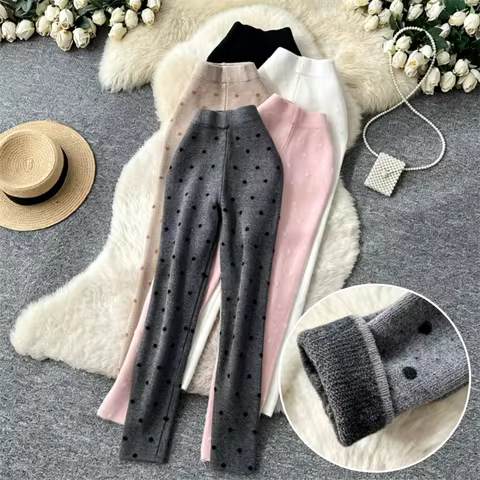 KAROFI Women Warm Knitted Leggings High Waist Dot Print Slim Fit Elastic Casual Pencil Pants Autumn 