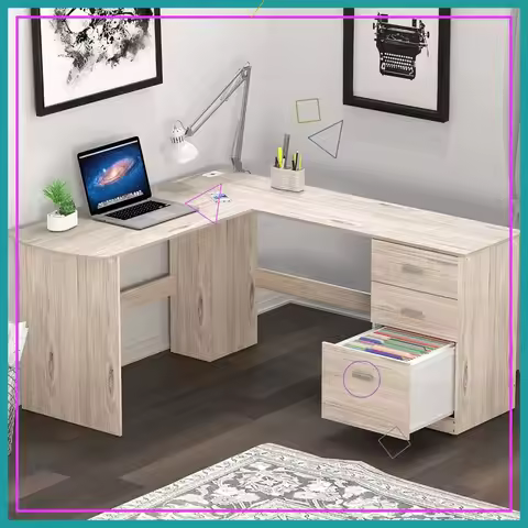 L-Shaped Corner Desk with Drawers, 51x59 Inches Home Office Wood Desk, Cable Management