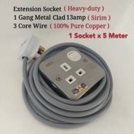 Extension Socket Heavy-Duty 13amp 1 Gang Metal Clad Switch Socket Wire 3 Core 40/076 x 5 Meter 100% Pure Copper Wire