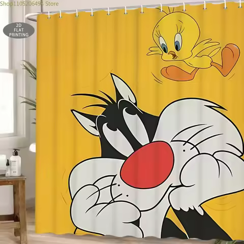 1pc 2D Flat Cat and Tweety Bird Pattern Shower Curtain, Halloween & Christmas Decoration Gift with 1