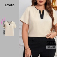 Lovito Plus Size Curve Elegant Blouse Plain Colorblock Summer/Spring Blouse for Women LBL24306