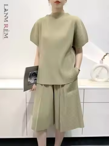 LANMREM Summer Loose Causal Pleated Two Pieces Set For Women Short Sleeve O-neck Pullover T-shirt An