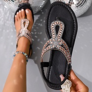 Blue Rhinestones Flat Sandals for Women Summer 2025 Bohemian Style Comfort Beach Shoes Woman Lightwe