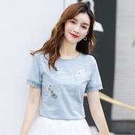 100% Cotton t-Shirt Women Summer Half-Sleeved Women's Korean Version Loose Lace Half-Sleeved White Top t-