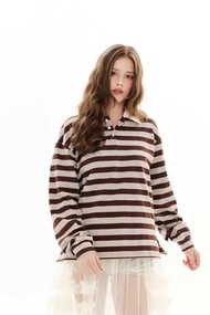 MAGARINES [พร้อมส่ง] - Moody Stripe Collar Shirt เสื้อโปโลลายทางสีน้ำตาลเข้ม