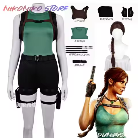 Lara Croft Cosplay Costume Full Set Green Tank Top Black Shorts with Harness Belt Halloween Adventur