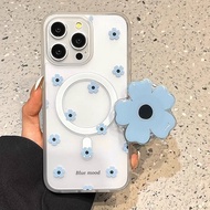Blue Flower Magnetic Bracket Suitable for iPhone16promax Phone Case 15/13/14Plus/12 Female 11 Shock-