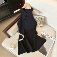 短款连衣裙Short dress2025夏新款国风针织挂脖连衣裙短款收腰显瘦新中式盘扣改良版旗袍新款2025.5.30