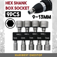 9PCS 5MM-13MM HEX SHANK BOX SOCKET SET BITS ADAPTER 1/4" LONG HEX SHANK SOCKET SLEEVE KITS #