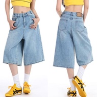 New Loose Denim Shorts Retro Design High Waist 7 Points Culottes Jeans Unisex loose wide leg pant