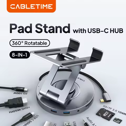 CABLETIME USB C Hub 8 IN 1 DOCK 360 Rotating Stand HDMI 4K 60Hz PD 100W USB 5Gbps SD TF Aux 3.5mm fo