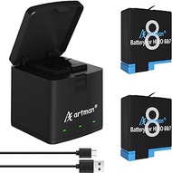 Artman Replacement Hero 8 Batteries 1500mAh (2-Pack) and 3-Channel LED USB Storage Charger Compatible with Gopro Hero 8 Black,Hero 7 Black,Hero 6/5 Black(Fully Compatible with Original)