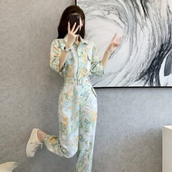 uj top●2022 Summer floral chiffon jumpsuit women Korean Style cargo Fashion Casual Printed Shirt Bundle Leg Pants 1018