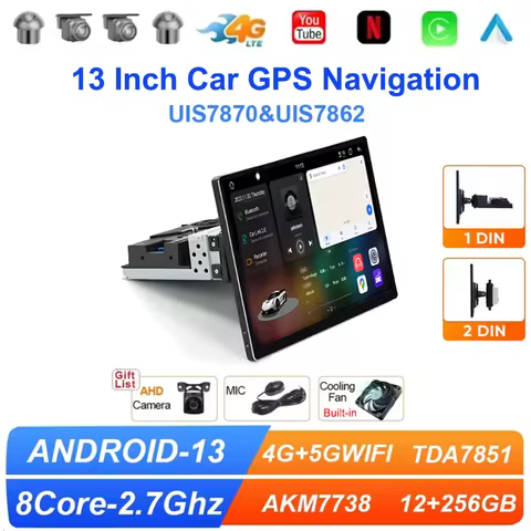 UIS7870 13" Shaking head 1/2Din Car Radio Wireless Carplay Multimedia Video Player Universal GPS Nav