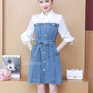 DRES DENIM BAJU MIDI DRESS WANITA KATUN DENIM KANTONG VARIASI KANCING