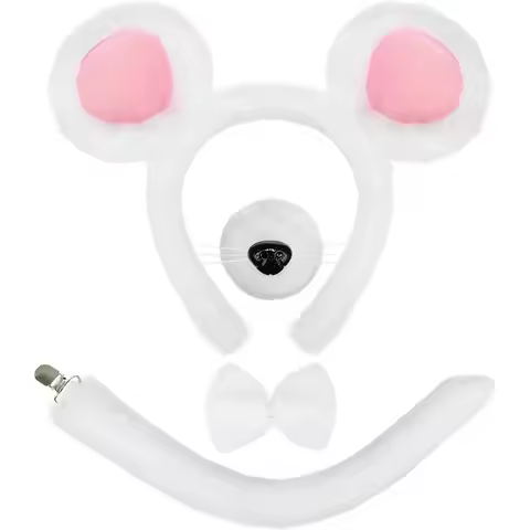 4PCS White Mouse Costume Set Rat Ears Headband Nose Bow Tie Tail Animal Costume Accessories for Adul