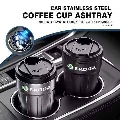 For Skoda Car Ashtray with Lid Smell Proof Blue Led Portable Ashtray Cup Rapid Octavia Derivative En
