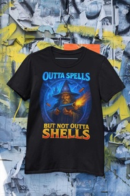 Outta Spells But Not Outta Shells Ironic Wizard Shirt Funny Fantasy Meme Tee for Gamers and Magic Fa
