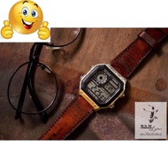 (BUY 1 GET 5)WATCH STRAP CASIO AE1200/SEIKO5 LIGHT BROWN DARK GENUINE COW LEATHER.
