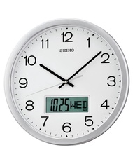 Seiko QXL007S QXL007SN Silver Case LCD Calendar Wall Clock with Quiet Sweep Second Hand