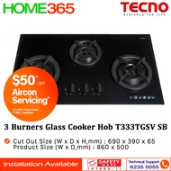 Tecno 3 Burners Glass Cooker Hob T333TGSV - LPG/PUB - FREE INSTALLATION
