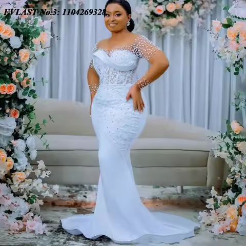 EVLAST Customized African Wedding Dress Long Sleeve Muslim Lace Applique Beaded Detachable Train Bri