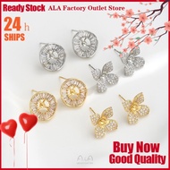 💖Jewelry DIY Accessories💖14K Gold-Plated Color-Retaining round Zirconium Ring Inlaid Zirconium Clover Bead Holder Ear Studs DIY Handmade Sticky Pearl Silver Needle Ear Jewelry [Earring/Ear Clip/Earrings]