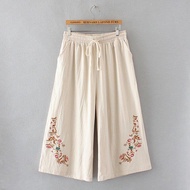 【มีไซส์ใหญ่】Plus Size Womens Cotton&amp;Linen Summer Pants Elastic Waist Floral Embroidery Wide Leg Vintage Pants