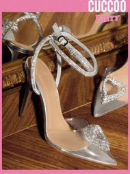 CUCCOO CHICEST 女鞋,鑽飾點頭尖頭,细跟踝带銀色高跟鞋,適用於春夏季節