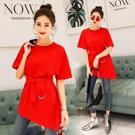 Short Sleeved T-shirt Korean Loose Irregular Lace-up Waist Fashion All-match Top Blouse for Women