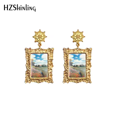 2020 New Claude Monet Paintings Earring Canvas Oil Paintings Drop Earrings Mandala Charm Vintage Gla