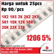 25pcs Resistor 1206 5% 1K2 1K5 2K 2K2 2K7 5K1 10K 12K 18K 20K 22K 27K Chip Resistor SMD 1206 5% 1.5K