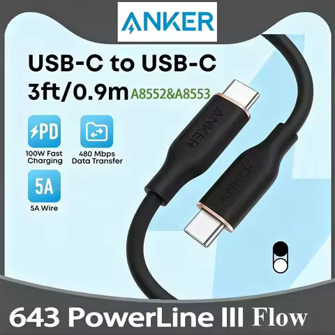 Anker 643 PowerLine III Flow USB C to USB C Cable 100W Fast Charging Silica Gel Cord 3ft 6ft Multipl