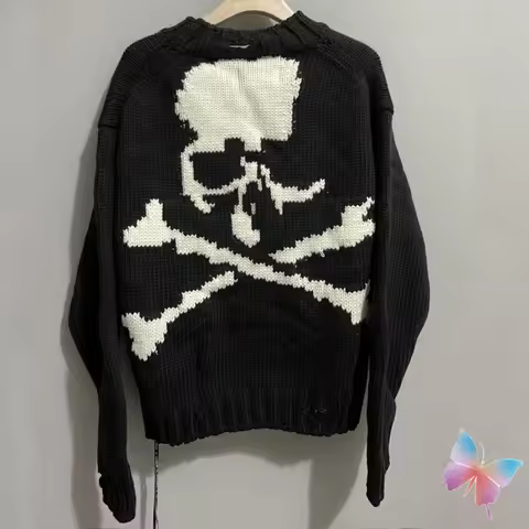American High Street Round Neck Knitted Sweatshirts Black Skeleton Bone Printed Ribbon MMJ Sweater M