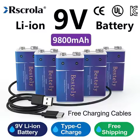 Rechargeable 9V Li-Ion Battery, 9800mAh Long-lasting 9 Volt Batteries, Charge with Type-C Cable, for
