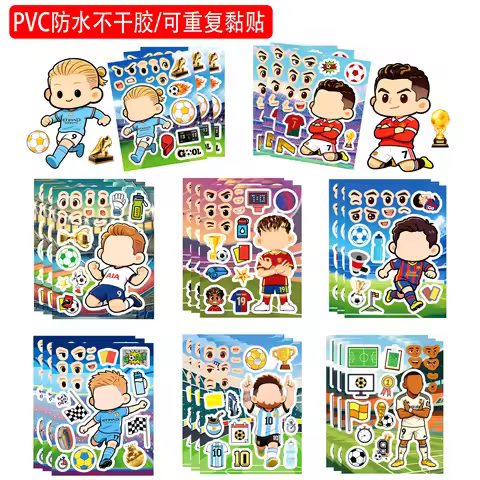 8/16Sheets Cartoon Little Soccer Player Make A Face Puzzle Stickers, Educational DIY for Diary Helme