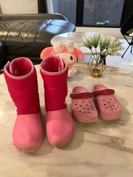 ［買一送一］正版Crocs粉紅色保暖高筒靴雨鞋雪靴 送洞洞鞋10號16cm