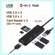 AOE - 5合1 USB Hub/ Adaptor 擴展器 USB3.0 + 讀卡器 (TF, SD, Micro SD) Card Reader 桌上型電腦, 筆記本電腦 USB Hub/ Ada