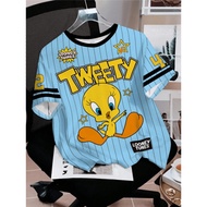 Tweety Tweety Novelty Creative Short-Sleeved Cartoon Printed Striped Casual T-Shirt