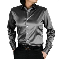 Baju lengan panjang satin sutera tiruan, kemeja berkilat pakaian lelaki emas satin, pakaian persemba