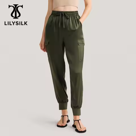 LILYSILK Women's Silk Cargo Pants Ladies Safari Style Full Length Trouser with Drawstring Elastic Wa