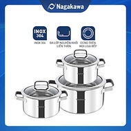 Bộ 3 Nồi Đáy Từ Đa Lớp Nguyên Khối Inox 304 Cao Cấp Nagakawa NAG1353 (16cm, 20cm, 24cm) - Dùng Trên 