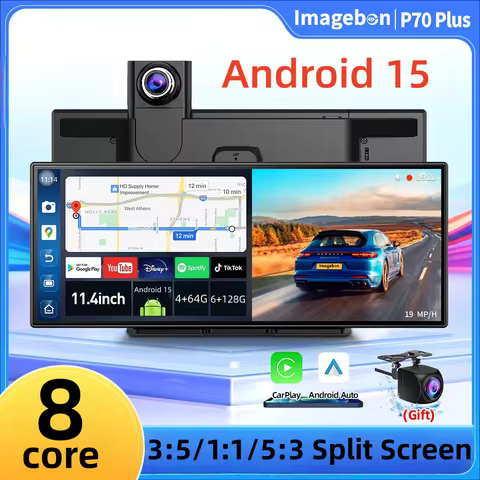 Imagebon P70 Plus 11.4" Android 15 Gemini AI Dashcam Wirless Carplay Andriod Auto Car DVR Youtube Sm