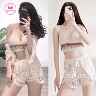 Đồ bơi nữ bikini 3 món ren móc quảng châu cổ V phong cách vintage đồ đi biển bikini kín đáo