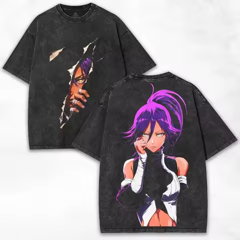 Hot Anime BLEACH Shihouin Yoruichi Graphic T Shirt Men Women Washed Cotton Tshirts Vintage Casual Cl